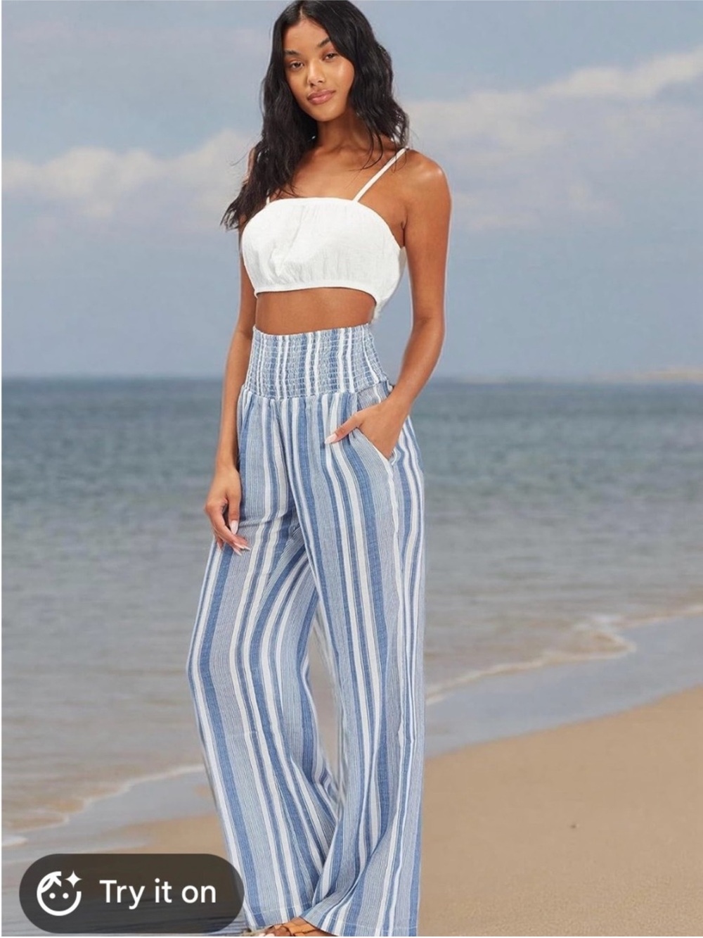 NWOT Billabong New Waves Striped Blue High-Waist Wide-Leg Cotton Pants Sail Away
